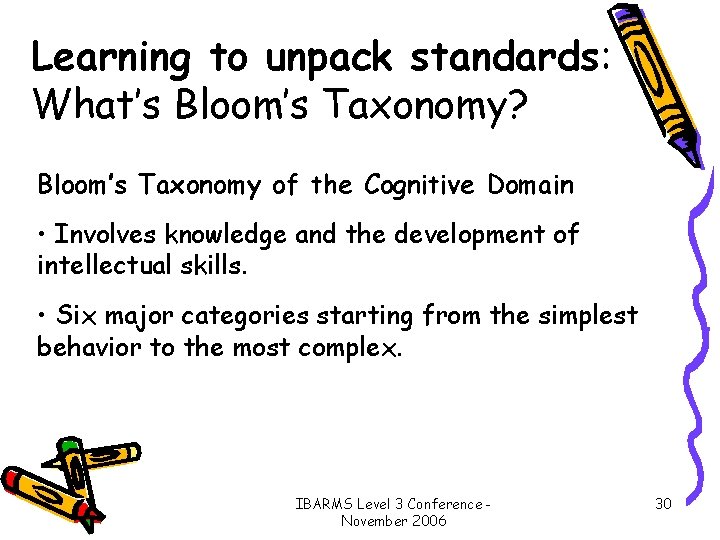 Learning to unpack standards: What’s Bloom’s Taxonomy? Bloom’s Taxonomy of the Cognitive Domain •