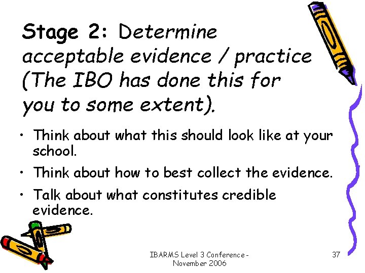 Stage 2: Determine acceptable evidence / practice (The IBO has done this for you