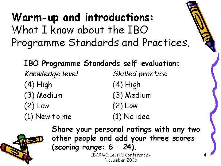 Warm-up and introductions: What I know about the IBO Programme Standards and Practices. IBO