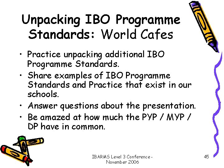 Unpacking IBO Programme Standards: World Cafes • Practice unpacking additional IBO Programme Standards. •