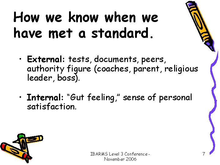 How we know when we have met a standard. • External: tests, documents, peers,