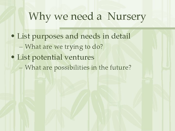 Why we need a Nursery • List purposes and needs in detail – What