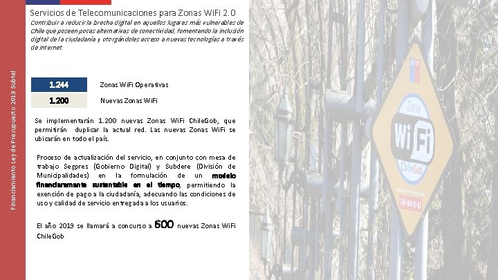 Servicios de Telecomunicaciones para Zonas Wi. Fi 2. 0 Financiamiento Ley de Presupuesto 2019