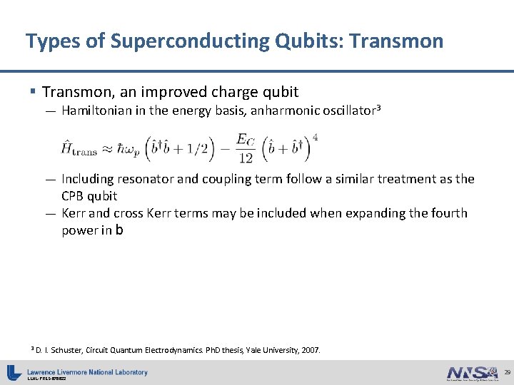 Types of Superconducting Qubits: Transmon § Transmon, an improved charge qubit — Hamiltonian in