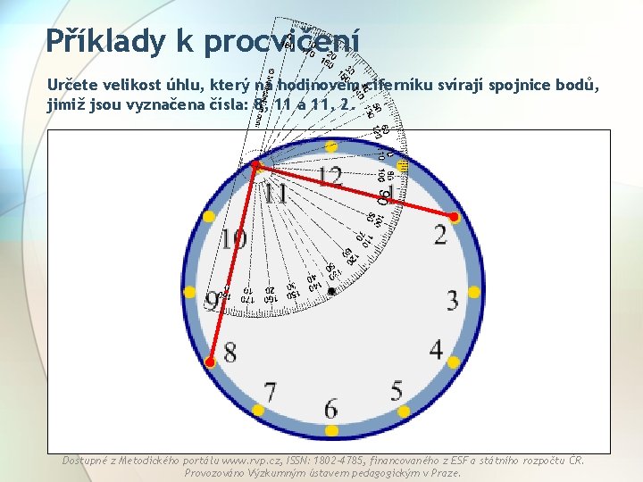 Příklady k procvičení Určete velikost úhlu, který na hodinovém ciferníku svírají spojnice bodů, jimiž