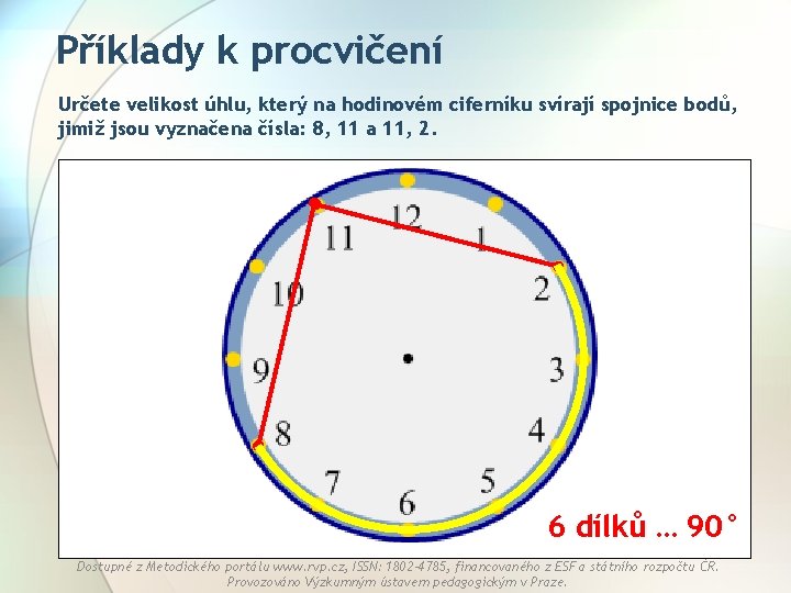 Příklady k procvičení Určete velikost úhlu, který na hodinovém ciferníku svírají spojnice bodů, jimiž