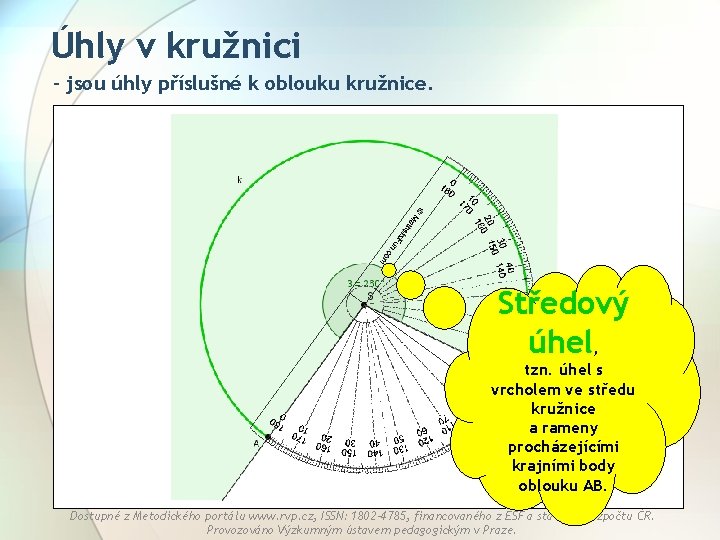 Úhly v kružnici - jsou úhly příslušné k oblouku kružnice. Středový úhel, tzn. úhel