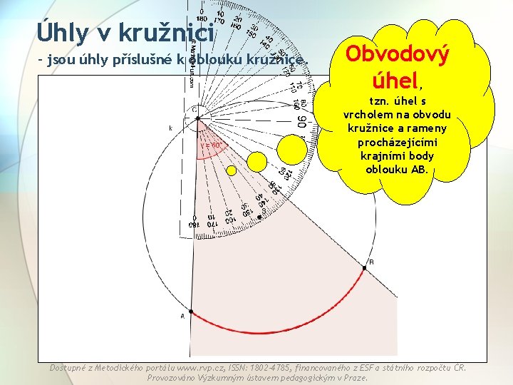 Úhly v kružnici - jsou úhly příslušné k oblouku kružnice. Obvodový úhel, tzn. úhel