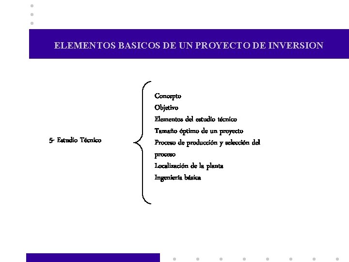ELEMENTOS BASICOS DE UN PROYECTO DE INVERSION 5 - Estudio Técnico Concepto Objetivo Elementos