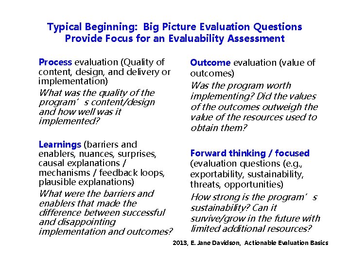 Typical Beginning: Big Picture Evaluation Questions Provide Focus for an Evaluability Assessment Process evaluation