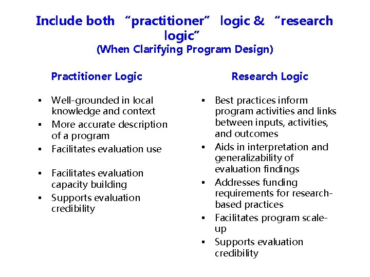 Include both “practitioner” logic & “research logic” (When Clarifying Program Design) Practitioner Logic §