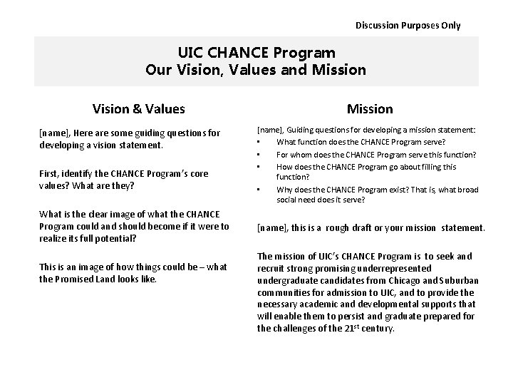 Discussion Purposes Only UIC CHANCE Program Our Vision, Values and Mission Vision & Values
