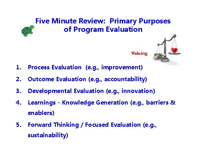 Five Minute Review: Primary Purposes of Program Evaluation 1. Process Evaluation (e. g. ,