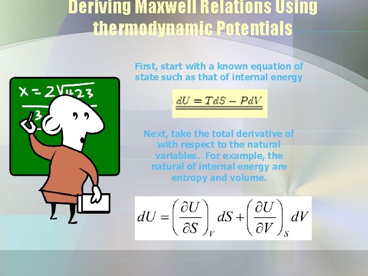 Deriving Maxwell Relations Using thermodynamic Potentials First, start with a known equation of state