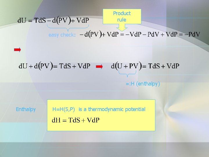 Product rule easy check: =: H (enthalpy) Enthalpy H=H(S, P) is a thermodynamic potential