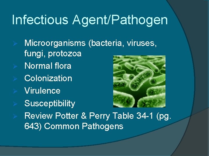 Infectious Agent/Pathogen Ø Ø Ø Microorganisms (bacteria, viruses, fungi, protozoa Normal flora Colonization Virulence