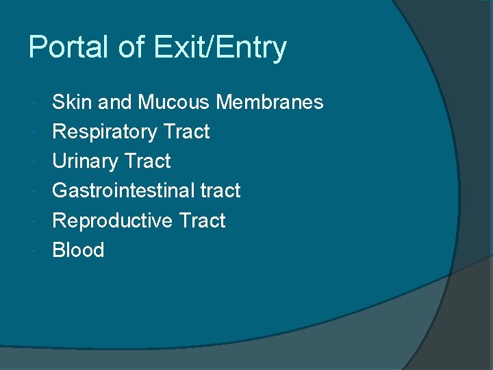 Portal of Exit/Entry Skin and Mucous Membranes Respiratory Tract Urinary Tract Gastrointestinal tract Reproductive