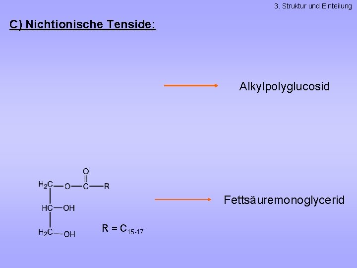 3. Struktur und Einteilung C) Nichtionische Tenside: Alkylpolyglucosid Fettsäuremonoglycerid R = C 15 -17