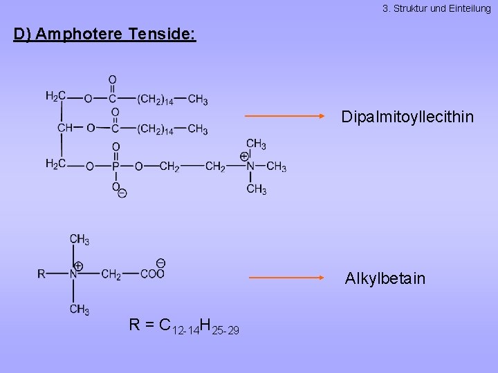 3. Struktur und Einteilung D) Amphotere Tenside: Dipalmitoyllecithin Alkylbetain R = C 12 -14