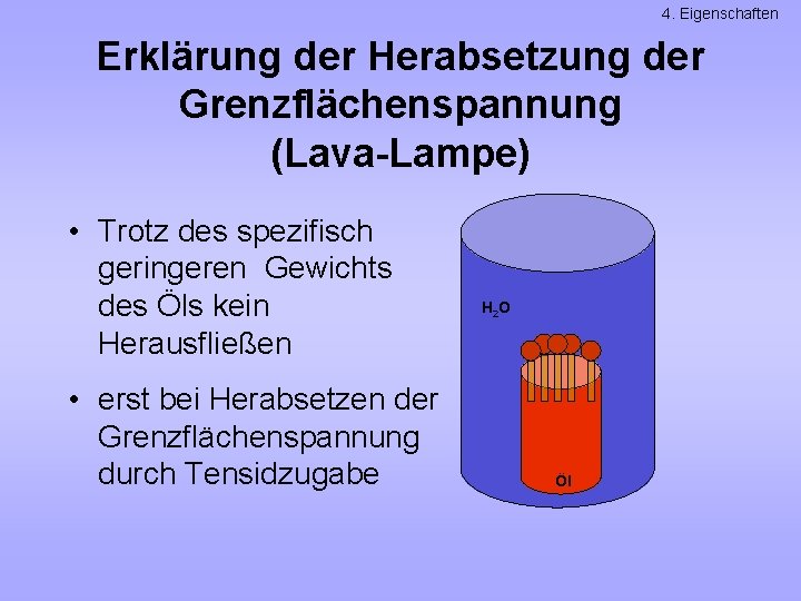 4. Eigenschaften Erklärung der Herabsetzung der Grenzflächenspannung (Lava-Lampe) • Trotz des spezifisch geringeren Gewichts