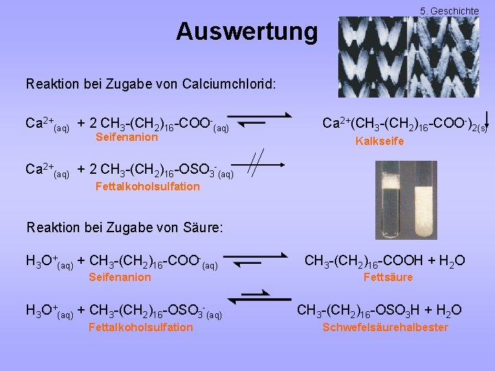 5. Geschichte Auswertung Reaktion bei Zugabe von Calciumchlorid: Ca 2+(aq) + 2 CH 3