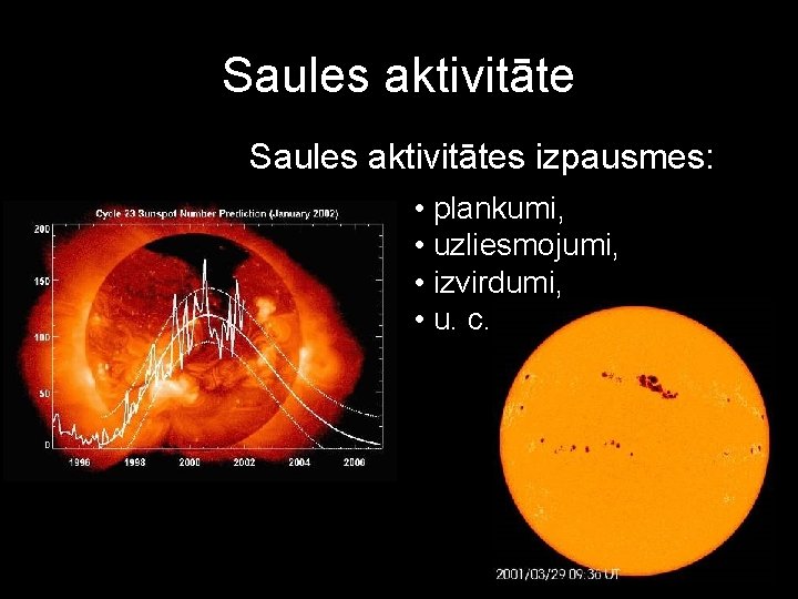 Saules aktivitātes izpausmes: • plankumi, • uzliesmojumi, • izvirdumi, • u. c. 10 