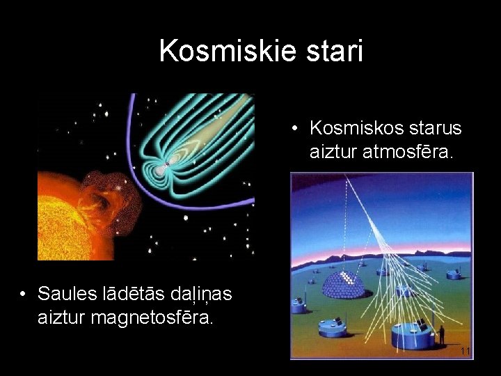 Kosmiskie stari • Kosmiskos starus aiztur atmosfēra. • Saules lādētās daļiņas aiztur magnetosfēra. 11