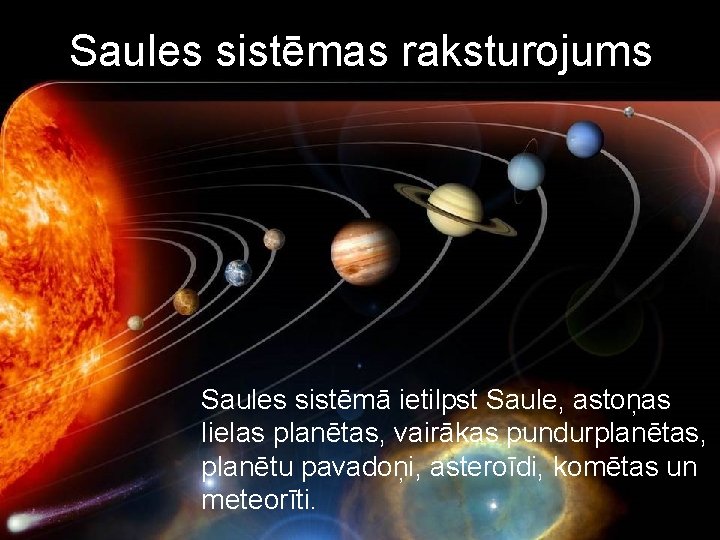 Saules sistēmas raksturojums Saules sistēmā ietilpst Saule, astoņas lielas planētas, vairākas pundurplanētas, planētu pavadoņi,