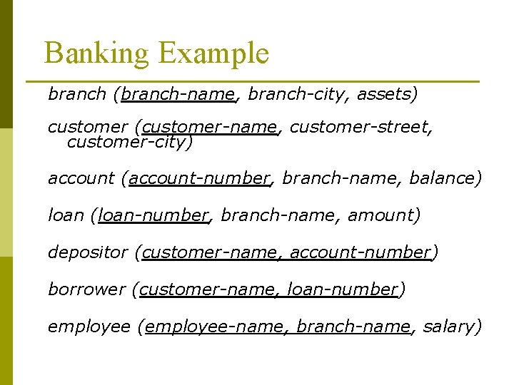 Banking Example branch (branch-name, branch-city, assets) customer (customer-name, customer-street, customer-city) account (account-number, branch-name, balance) Banking Example branch (branch-name, branch-city, assets) customer (customer-name, customer-street, customer-city) account (account-number, branch-name, balance)
