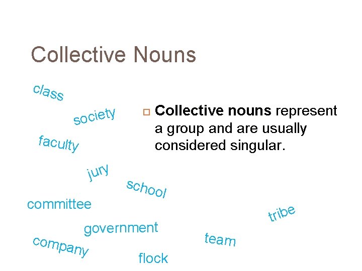 Collective Nouns clas s y t e i c o s Collective nouns represent