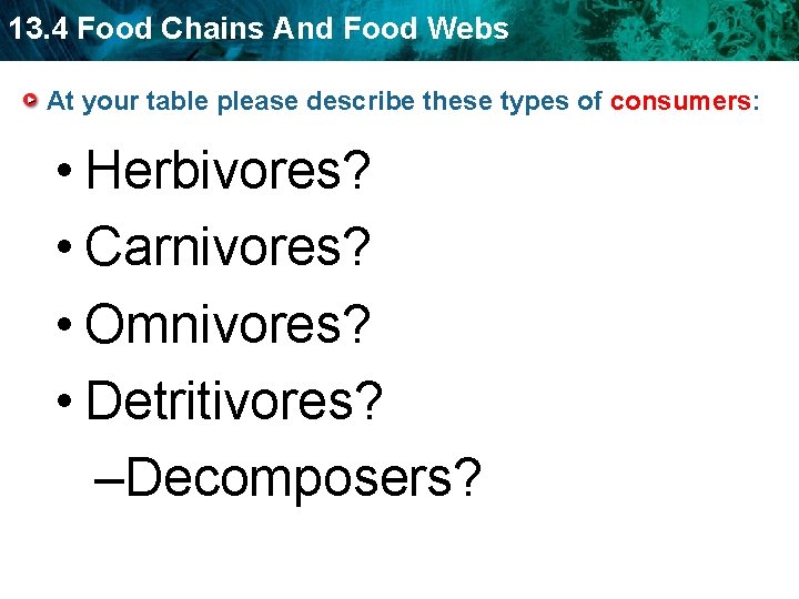 13. 4 Food Chains And Food Webs At your table please describe these types
