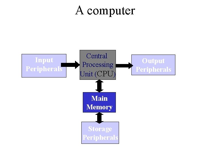 A computer Input Peripherals Central Processing Unit (CPU) Main Memory Storage Peripherals Output Peripherals