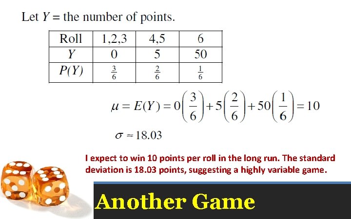 I expect to win 10 points per roll in the long run. The standard