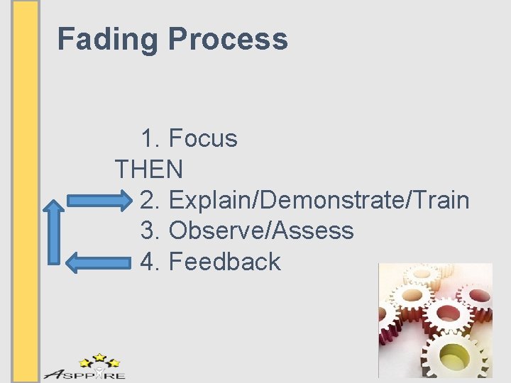 Fading Process 1. Focus THEN 2. Explain/Demonstrate/Train 3. Observe/Assess 4. Feedback 