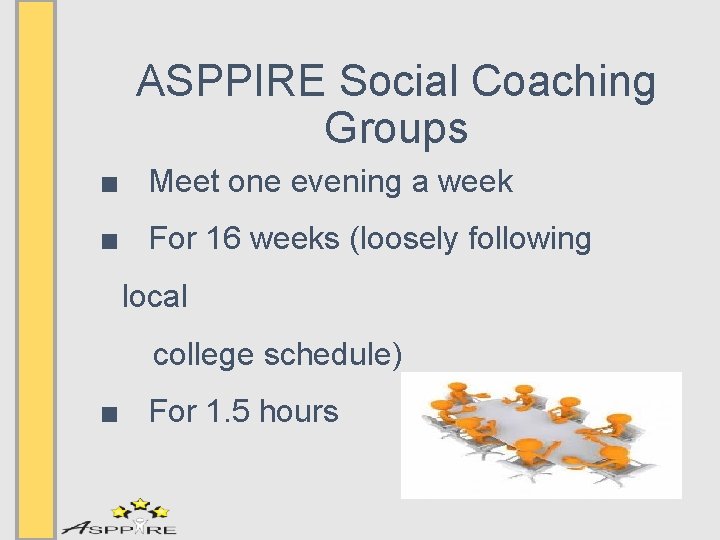 ASPPIRE Social Coaching Groups ■ Meet one evening a week ■ For 16 weeks