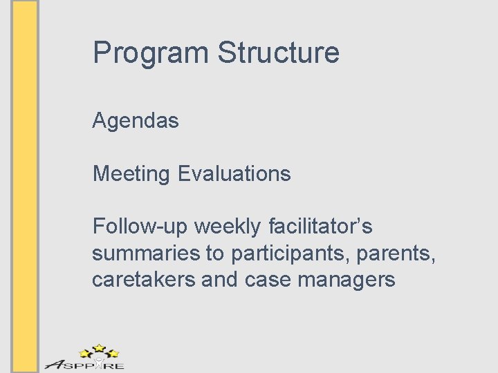 Program Structure Agendas Meeting Evaluations Follow-up weekly facilitator’s summaries to participants, parents, caretakers and