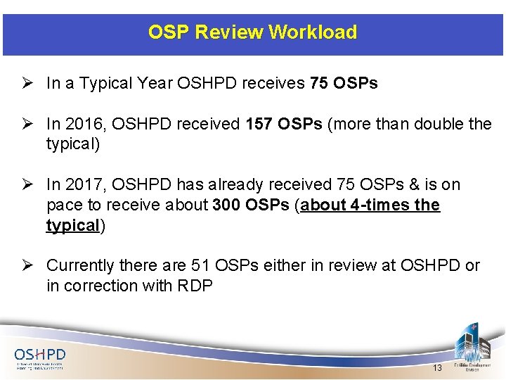 OSP Review Workload Ø In a Typical Year OSHPD receives 75 OSPs Ø In