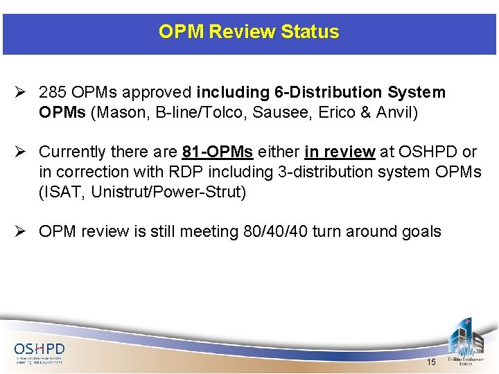 OPM Review Status Ø 285 OPMs approved including 6 -Distribution System OPMs (Mason, B-line/Tolco,