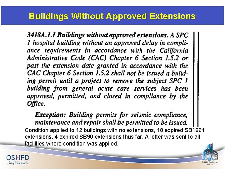 Buildings Without Approved Extensions Condition applied to 12 buildings with no extensions, 18 expired