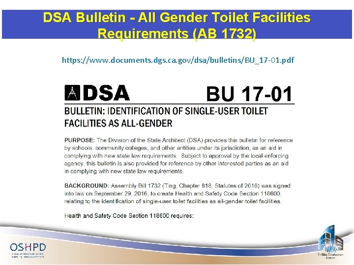DSA Bulletin - All Gender Toilet Facilities Requirements (AB 1732) https: //www. documents. dgs.