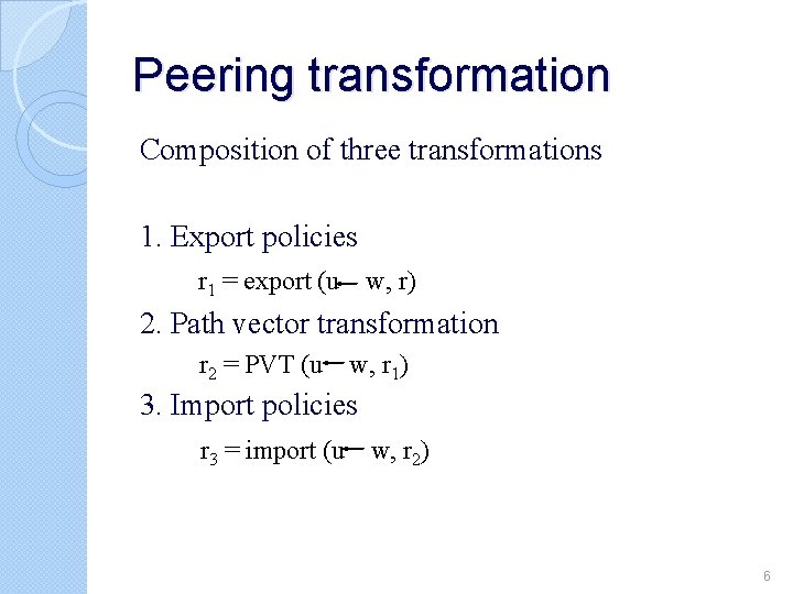 Peering transformation Composition of three transformations 1. Export policies r 1 = export (u