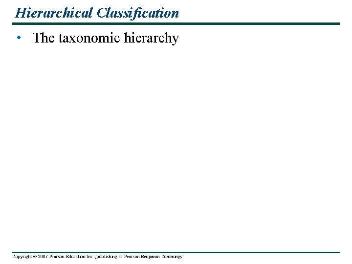 Hierarchical Classification • The taxonomic hierarchy Copyright © 2007 Pearson Education Inc. , publishing