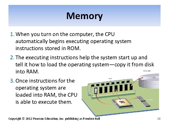 Memory 1. When you turn on the computer, the CPU automatically begins executing operating