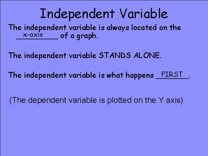 Independent Variable The independent variable is always located on the x-axis _____ of a