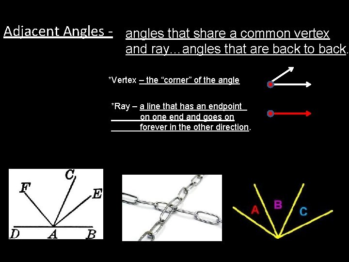 Adjacent Angles - angles that share a common vertex and ray…angles that are back