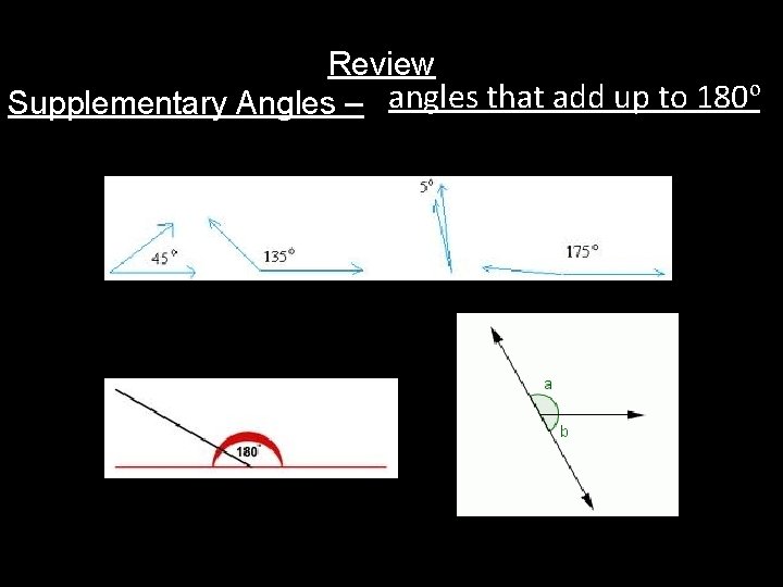 Review Supplementary Angles – angles that add up to 180º 