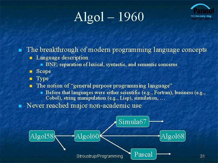 Algol – 1960 n The breakthrough of modern programming language concepts n Language description