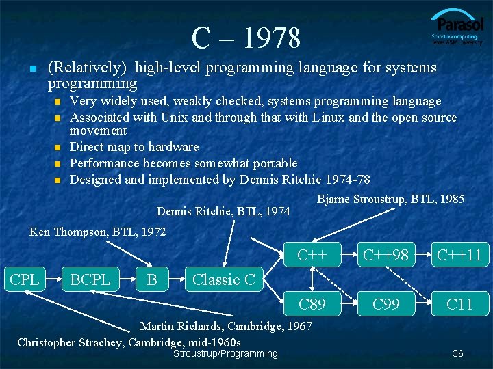 C – 1978 n (Relatively) high-level programming language for systems programming n n n