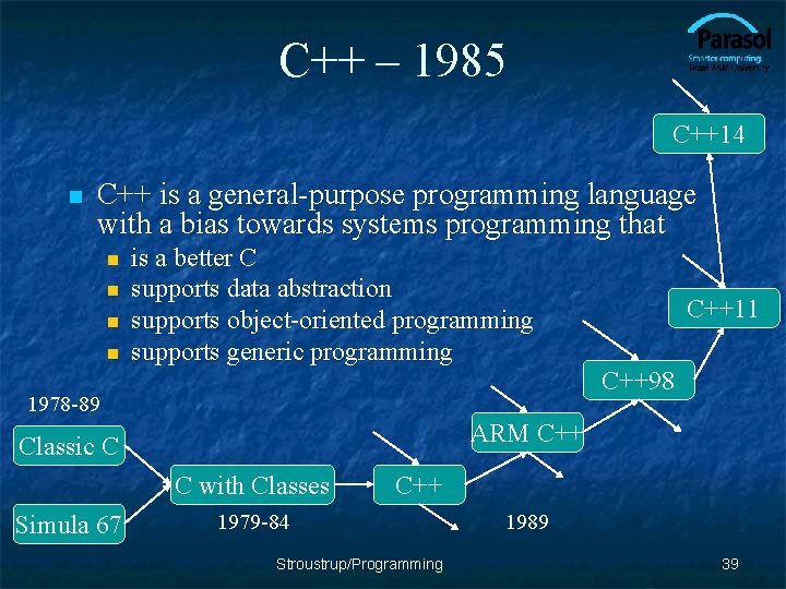 C++ – 1985 C++14 n C++ is a general-purpose programming language with a bias