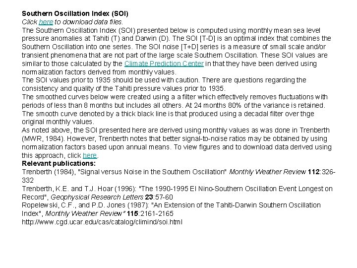 Southern Oscillation Index (SOI) Click here to download data files. The Southern Oscillation Index